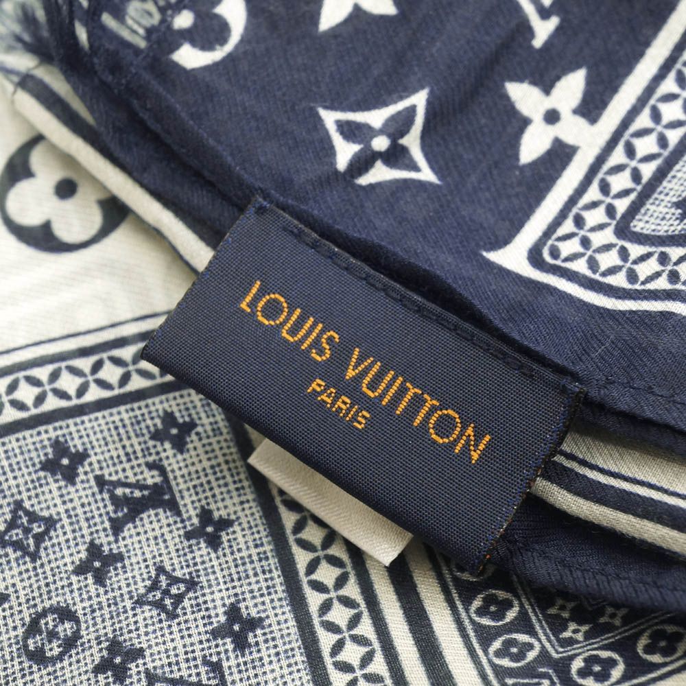 Louis Vuitton Etole Gang Ring Scarf Cotton Silk Navy White Shawl