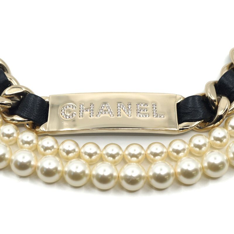 Chanel Double Pearl CC Logo Line Stone Plate Belt Leather Black Gold