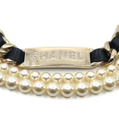 Chanel Double Pearl CC Logo Line Stone Plate Belt Leather Black Gold
