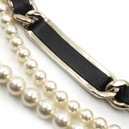 Chanel Double Pearl CC Logo Line Stone Plate Belt Leather Black Gold