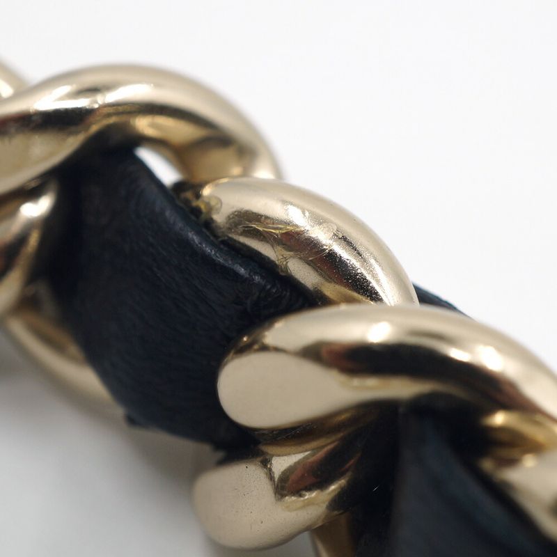 Chanel Double Pearl CC Logo Line Stone Plate Belt Leather Black Gold