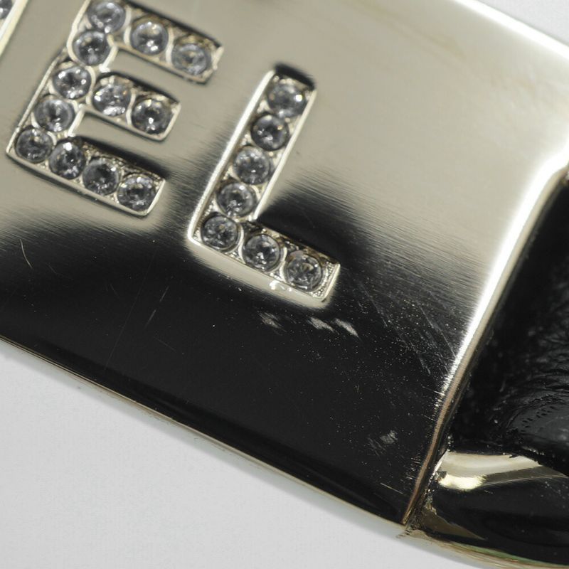 Chanel Double Pearl CC Logo Line Stone Plate Belt Leather Black Gold
