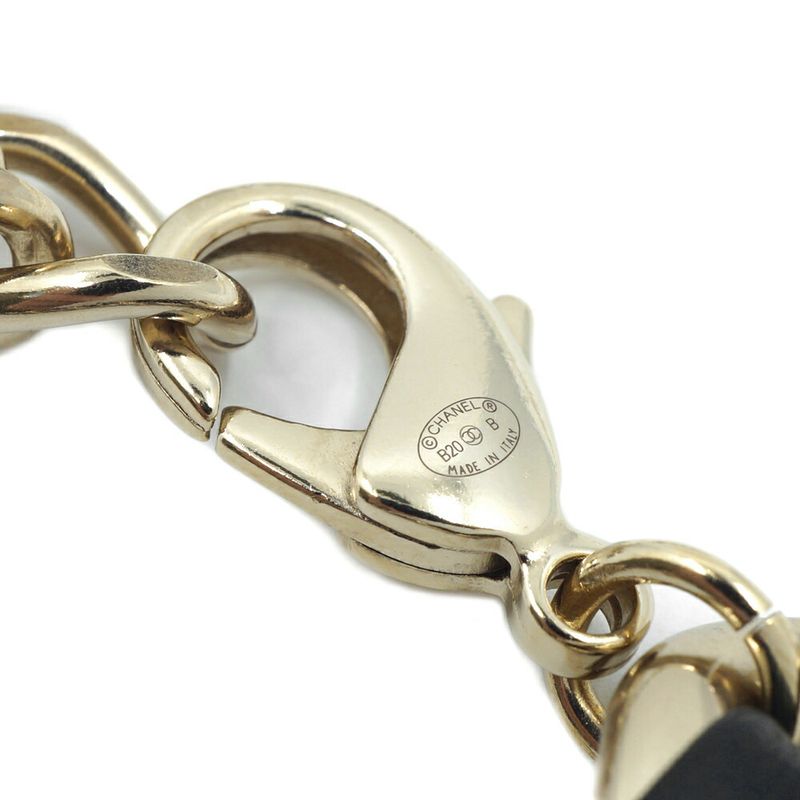 Chanel Double Pearl CC Logo Line Stone Plate Belt Leather Black Gold