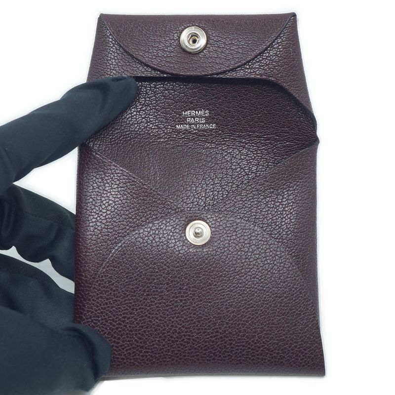 Hermes Bastia Brown Silver Coin Case Card Leather