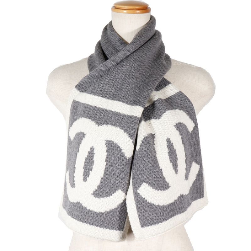 Chanel CC Logo Sports Line Wool Silk Gray Scarf