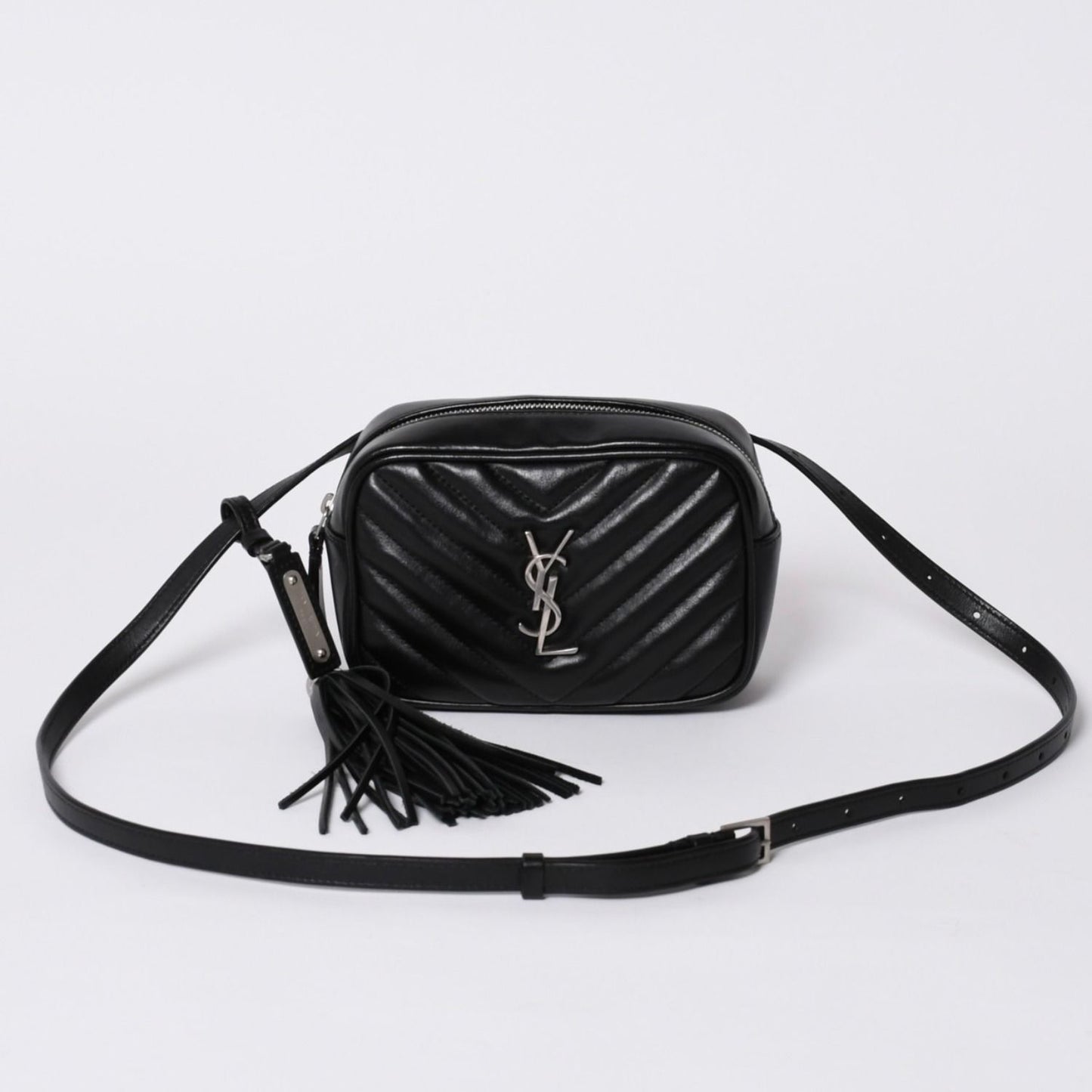 Saint Laurent Shoulder Bag V-stitch Fringe YSL Logo Black Calfskin