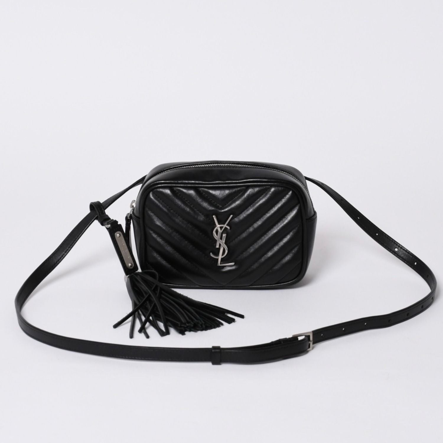 Saint Laurent Shoulder Bag V-stitch Fringe YSL Logo Black Calfskin