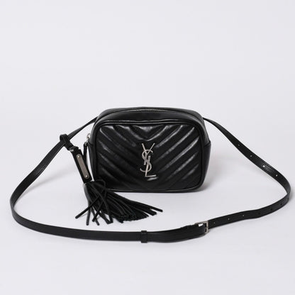 Saint Laurent Shoulder Bag V-stitch Fringe YSL Logo Black Calfskin