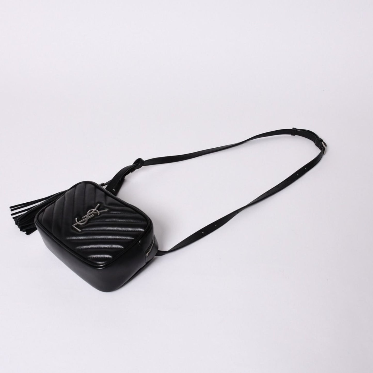 Saint Laurent Shoulder Bag V-stitch Fringe YSL Logo Black Calfskin — view 7