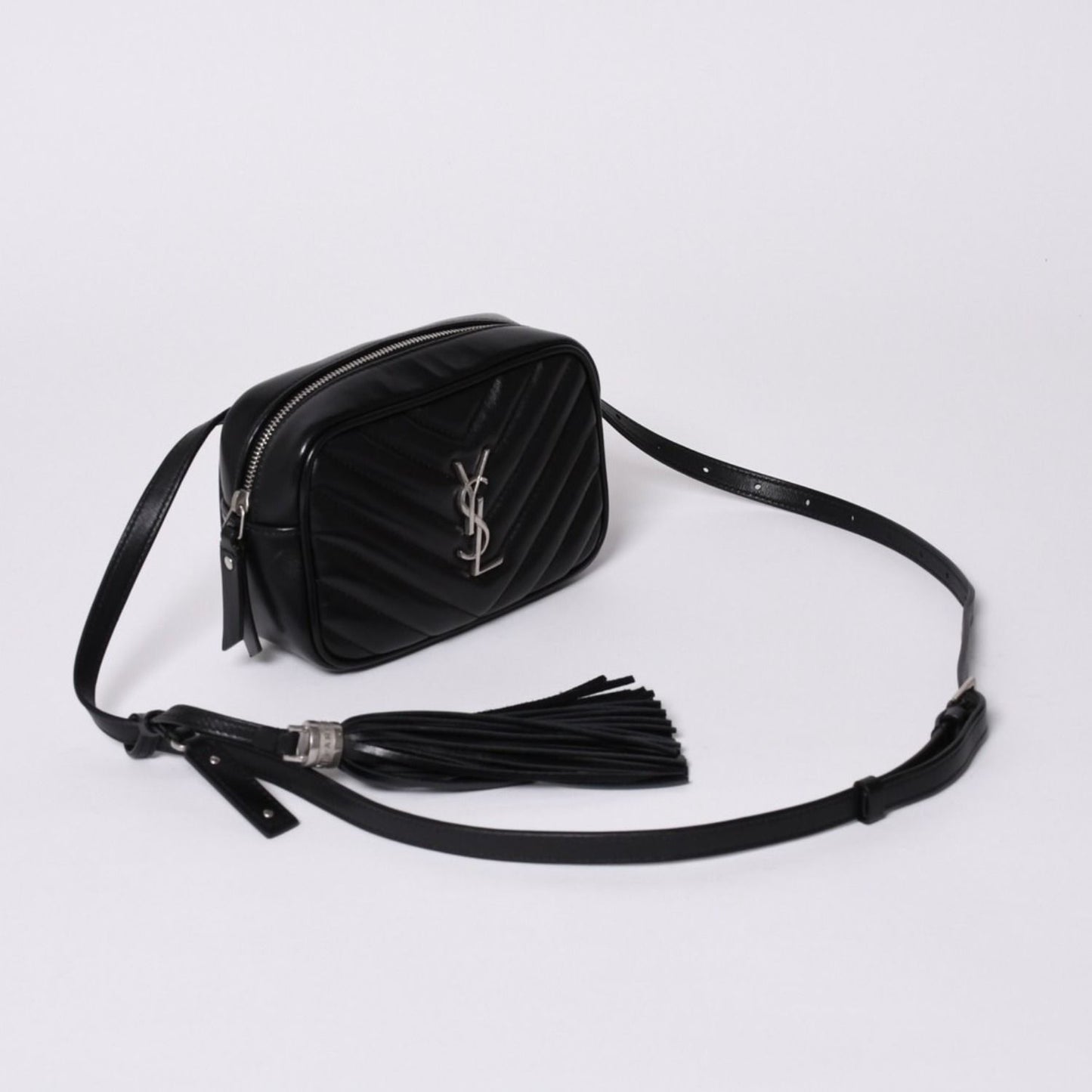 Saint Laurent Shoulder Bag V-stitch Fringe YSL Logo Black Calfskin — view 3