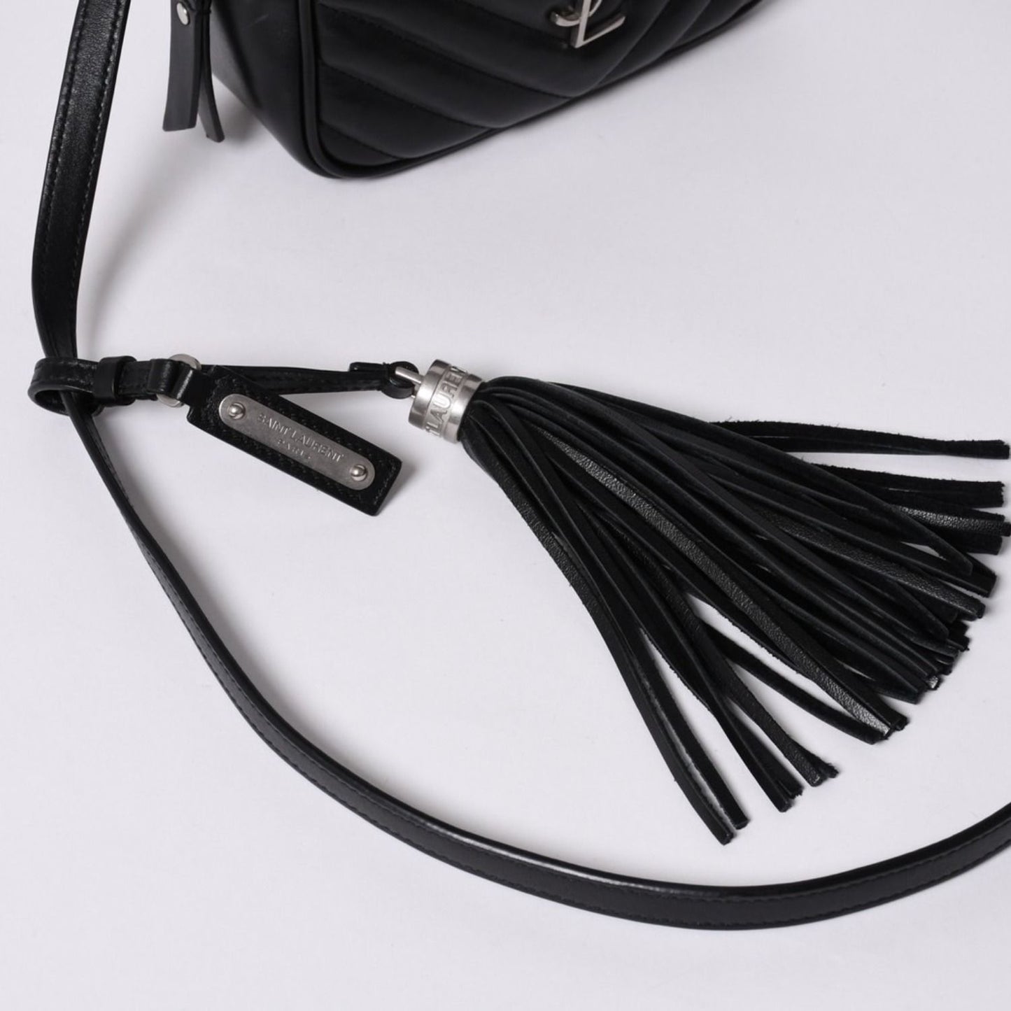 Saint Laurent Shoulder Bag V-stitch Fringe YSL Logo Black Calfskin — view 5