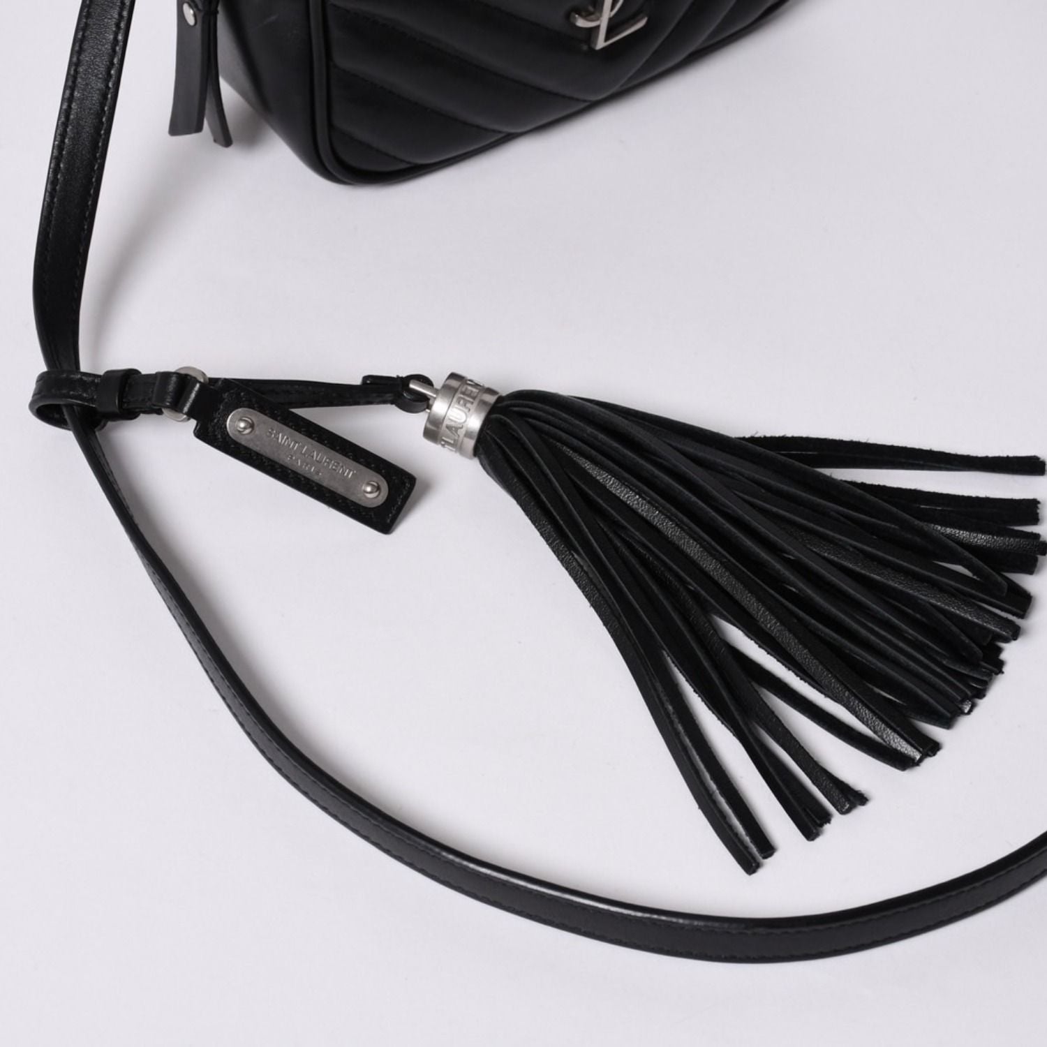 Saint Laurent Shoulder Bag V-stitch Fringe YSL Logo Black Calfskin — view 5