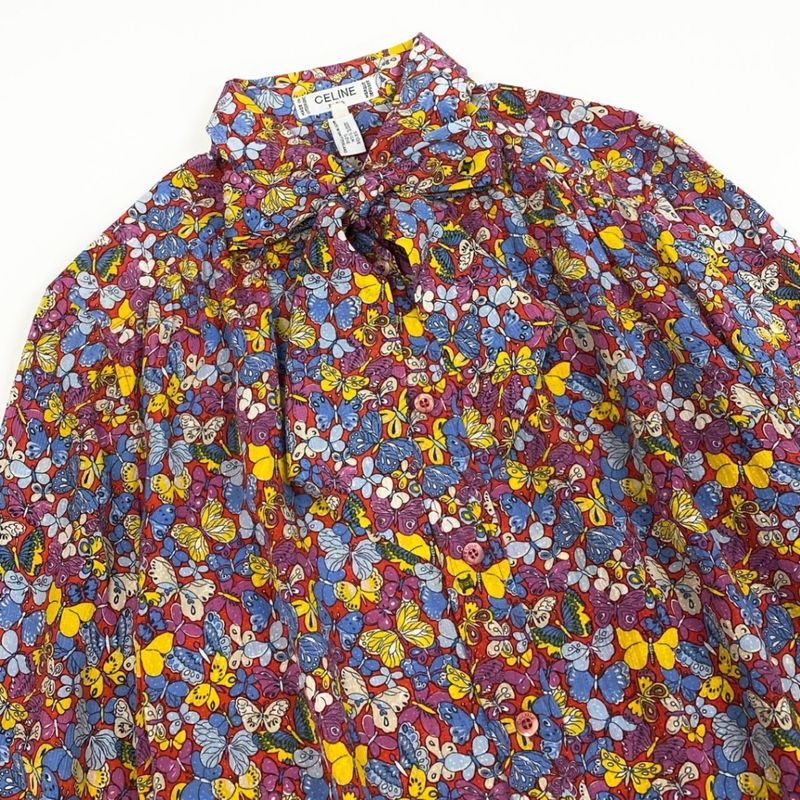 Celine Ed7 Vintage Butterfly Pattern Silk Shirt Blouse 40