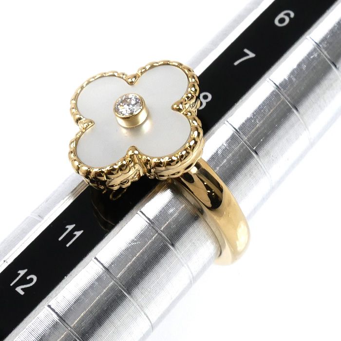 Van Cleef & Arpels 18k Yellow Gold Vintage Alhambra Shell Diamond Ring 49