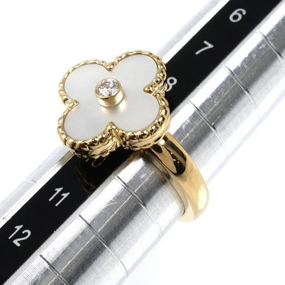 Van Cleef & Arpels 18k Yellow Gold Vintage Alhambra Shell Diamond Ring 49