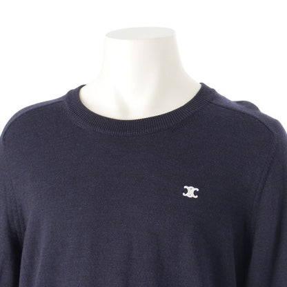 Celine Wool Triomphe Embroidery Logo Crew Neck Long Sleeve Sweater Top Navy XL
