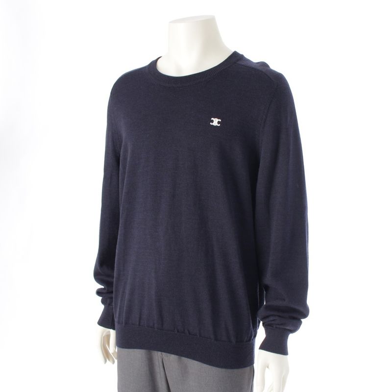 Celine Wool Triomphe Embroidery Logo Crew Neck Long Sleeve Sweater Top Navy XL