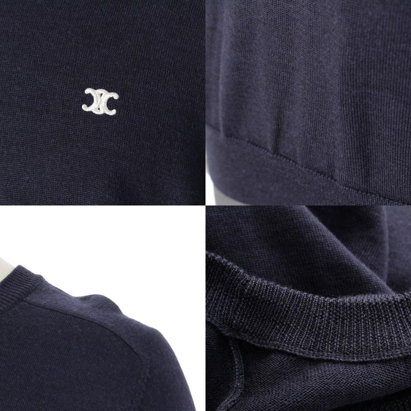 Celine Wool Triomphe Embroidery Logo Crew Neck Long Sleeve Sweater Top Navy XL