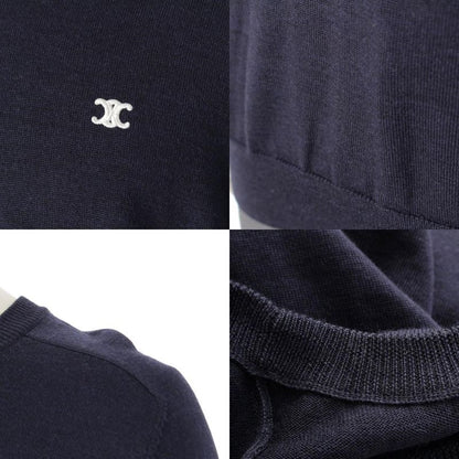 Celine Wool Triomphe Embroidery Logo Crew Neck Long Sleeve Sweater Top Navy XL