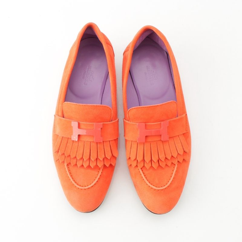 Hermes Royale Suede Motif Loafers Shoes Orange 36