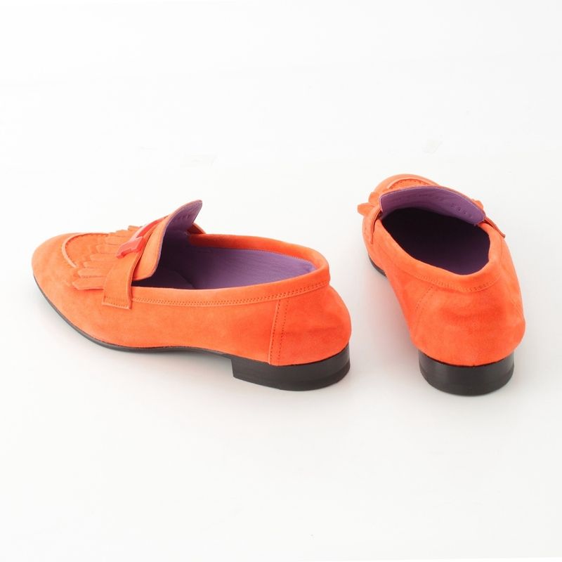 Hermes Royale Suede Motif Loafers Shoes Orange 36