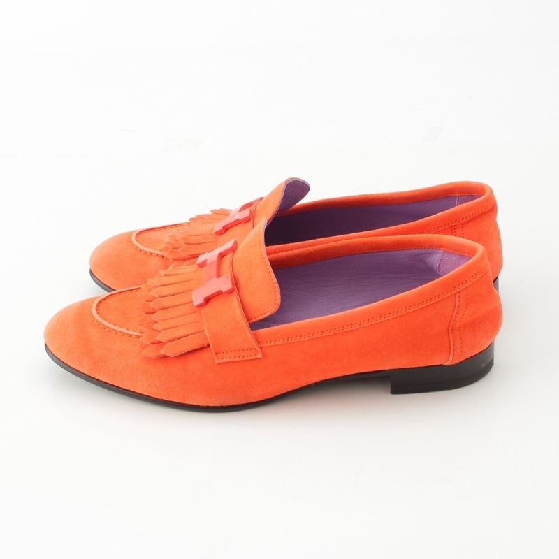 Hermes Royale Suede Motif Loafers Shoes Orange 36