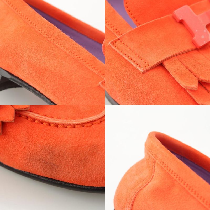 Hermes Royale Suede Motif Loafers Shoes Orange 36