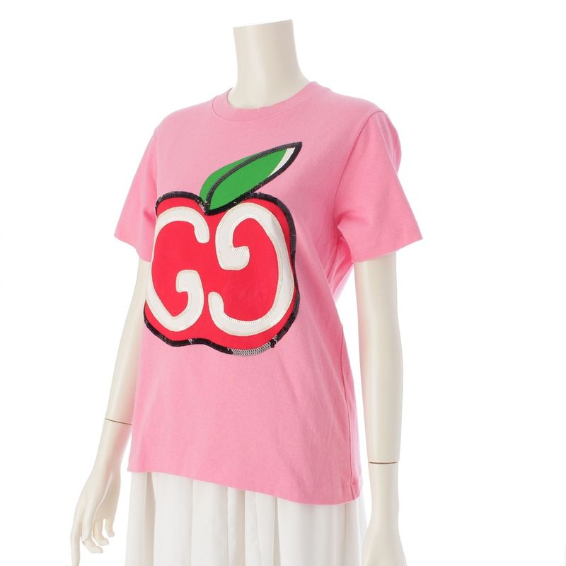Gucci Cotton GG Apple Sequin Short Sleeve T-Shirt Top Pink Xxs
