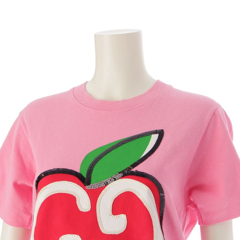Gucci Cotton GG Apple Sequin Short Sleeve T-Shirt Top Pink Xxs