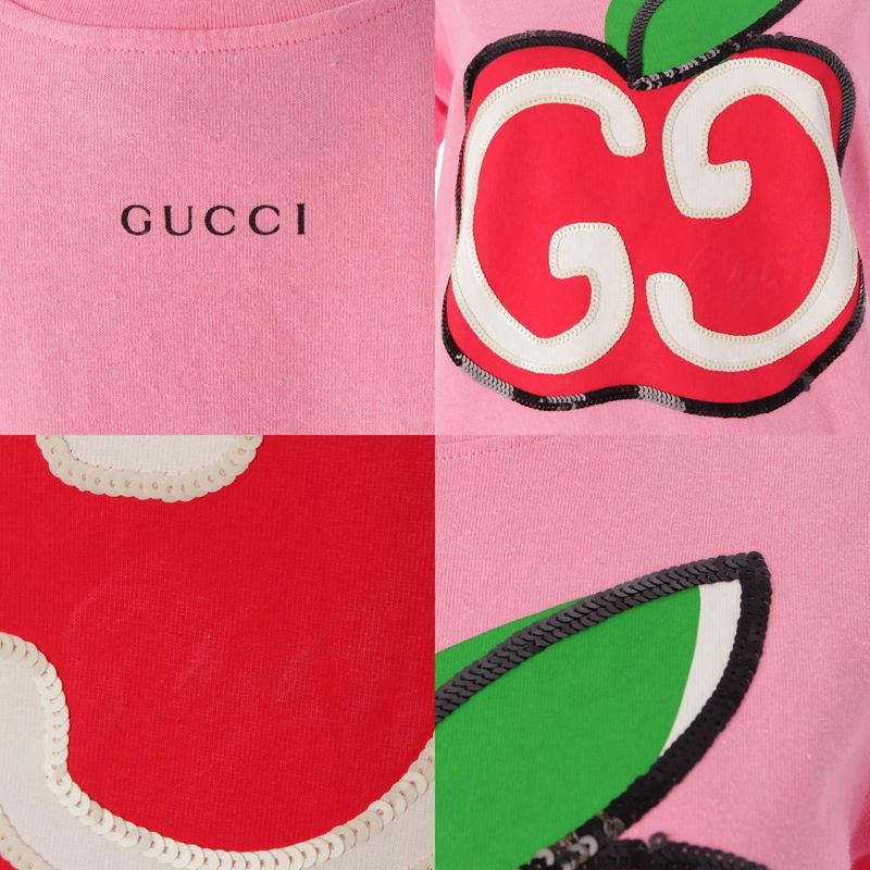 Gucci Cotton GG Apple Sequin Short Sleeve T-Shirt Top Pink Xxs
