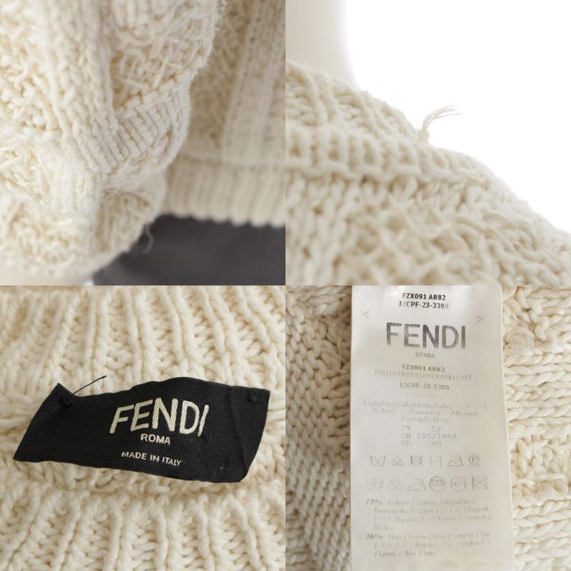 Fendi Cotton Rayon Fflogo Cable Knit Crew Neck Sweater Long Sleeve Top Ivory 52