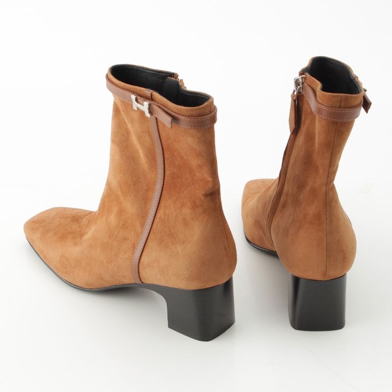 Hermes Homage Suede Buckle Square Toe Short Boots Shoes Brown 37.5