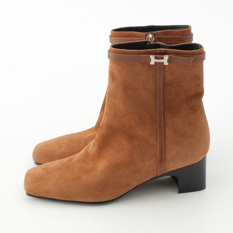 Hermes Homage Suede Buckle Square Toe Short Boots Shoes Brown 37.5
