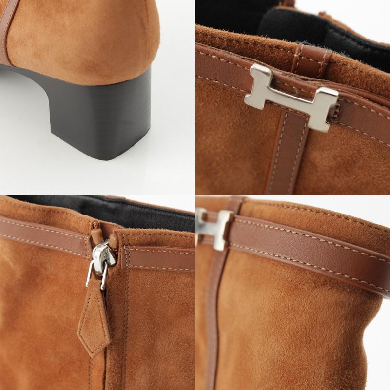 Hermes Homage Suede Buckle Square Toe Short Boots Shoes Brown 37.5