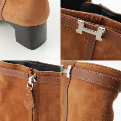 Hermes Homage Suede Buckle Square Toe Short Boots Shoes Brown 37.5