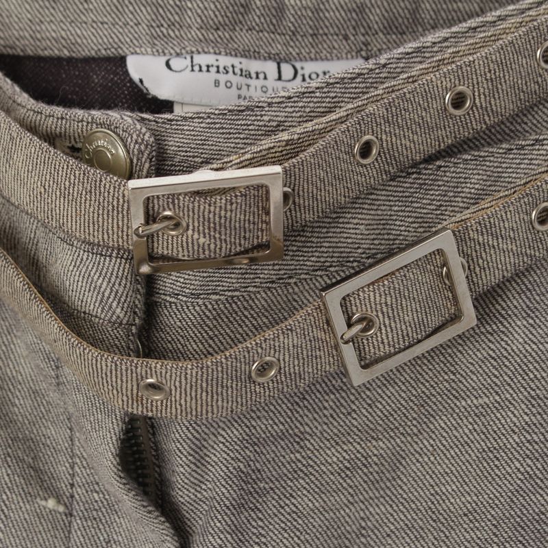 Dior Galiano Era Double Belt Side Line Studs Denim Pants Gray 38