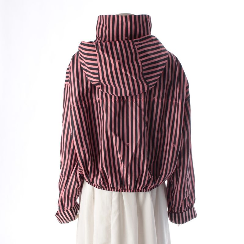 Chanel Striped CC Logo Cropped Zip Up Nylon Jacket Pink Black 38