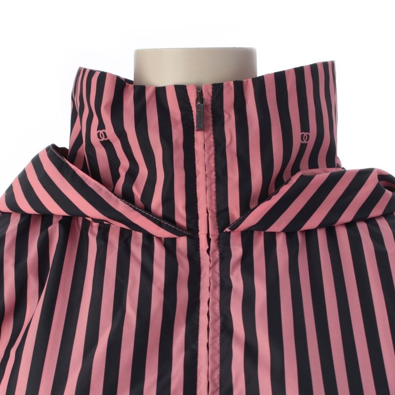 Chanel Striped CC Logo Cropped Zip Up Nylon Jacket Pink Black 38