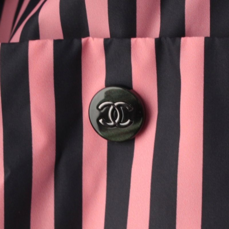 Chanel Striped CC Logo Cropped Zip Up Nylon Jacket Pink Black 38