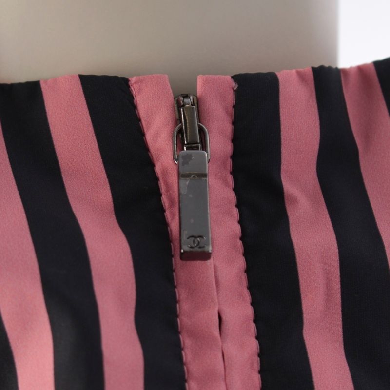 Chanel Striped CC Logo Cropped Zip Up Nylon Jacket Pink Black 38