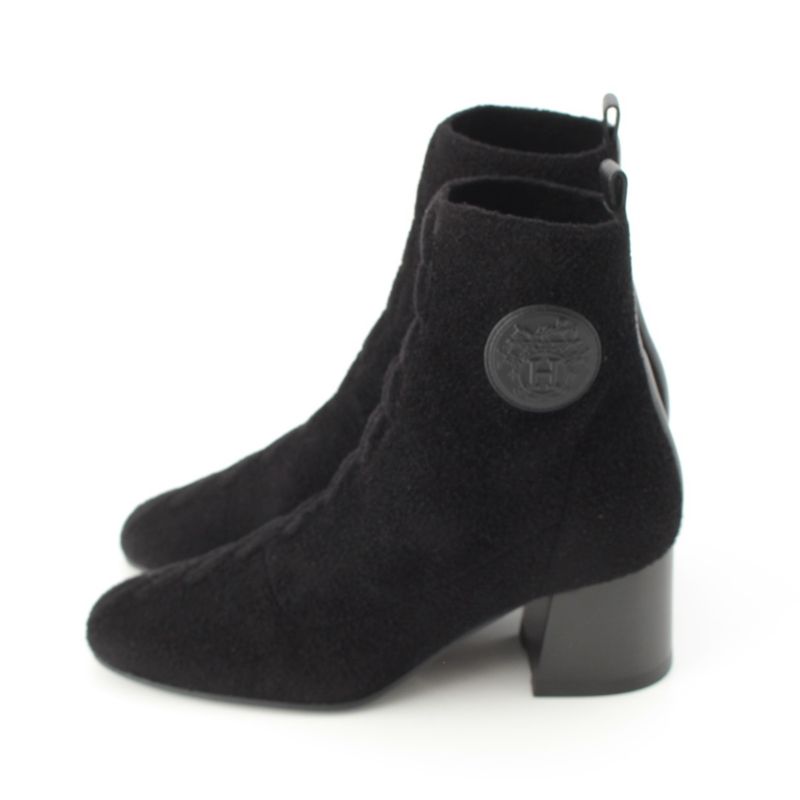 Hermes Voltige Wool Leather Exlibris Knit Boots Black 35 2 1