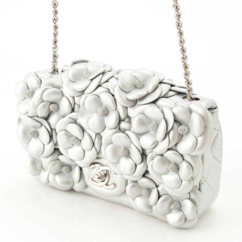 Chanel Quilted 20 Camellia Lambskin Chain Shoulder Bag CC Logo Silver