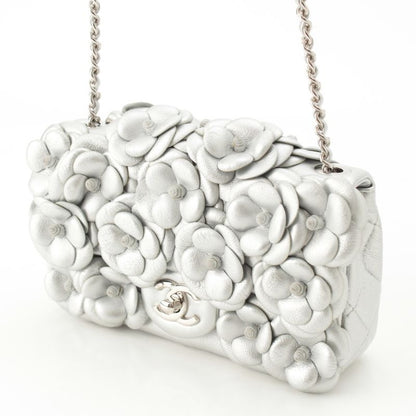 Chanel Quilted 20 Camellia Lambskin Chain Shoulder Bag CC Logo Silver