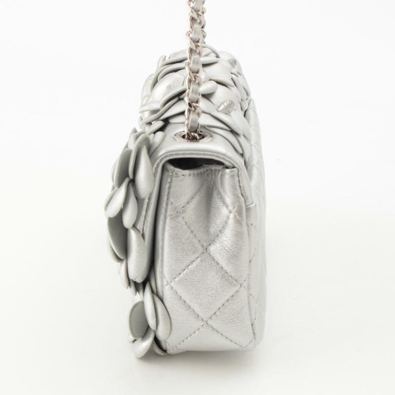 Chanel Quilted 20 Camellia Lambskin Chain Shoulder Bag CC Logo Silver