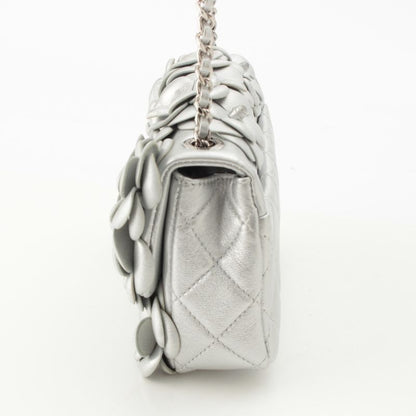 Chanel Quilted 20 Camellia Lambskin Chain Shoulder Bag CC Logo Silver