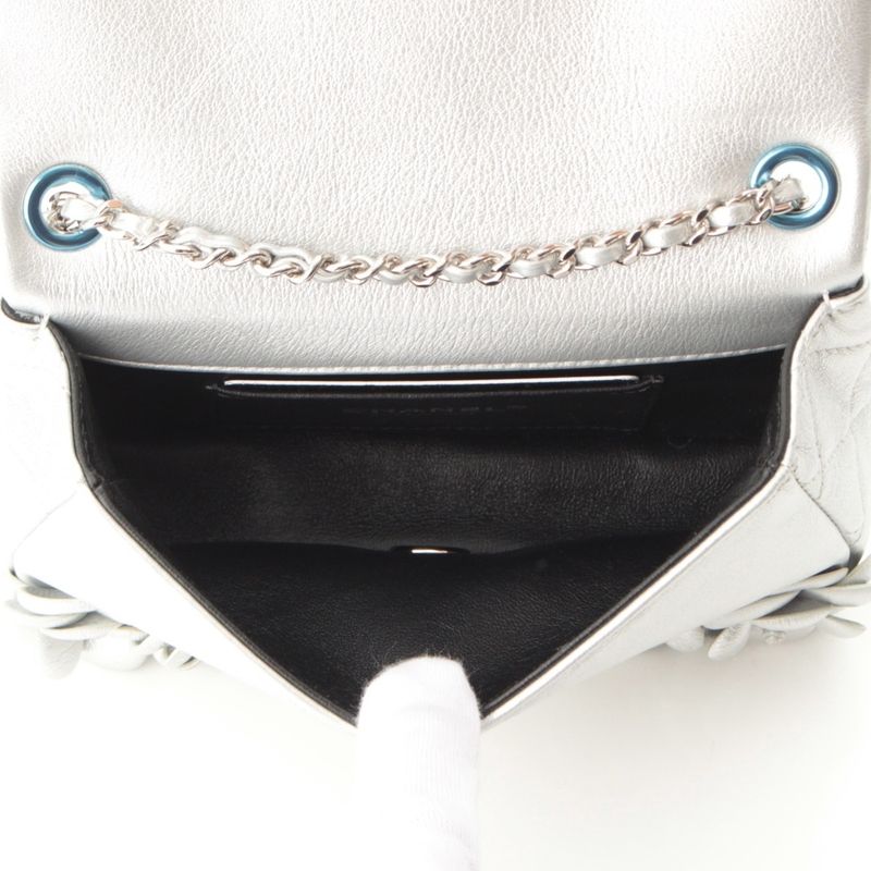 Chanel Quilted 20 Camellia Lambskin Chain Shoulder Bag CC Logo Silver