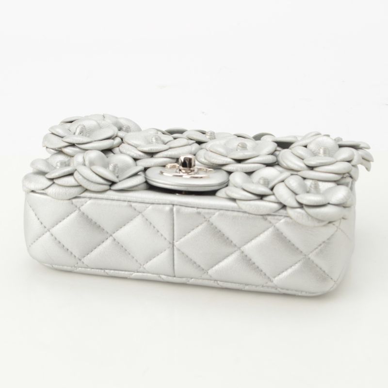 Chanel Quilted 20 Camellia Lambskin Chain Shoulder Bag CC Logo Silver