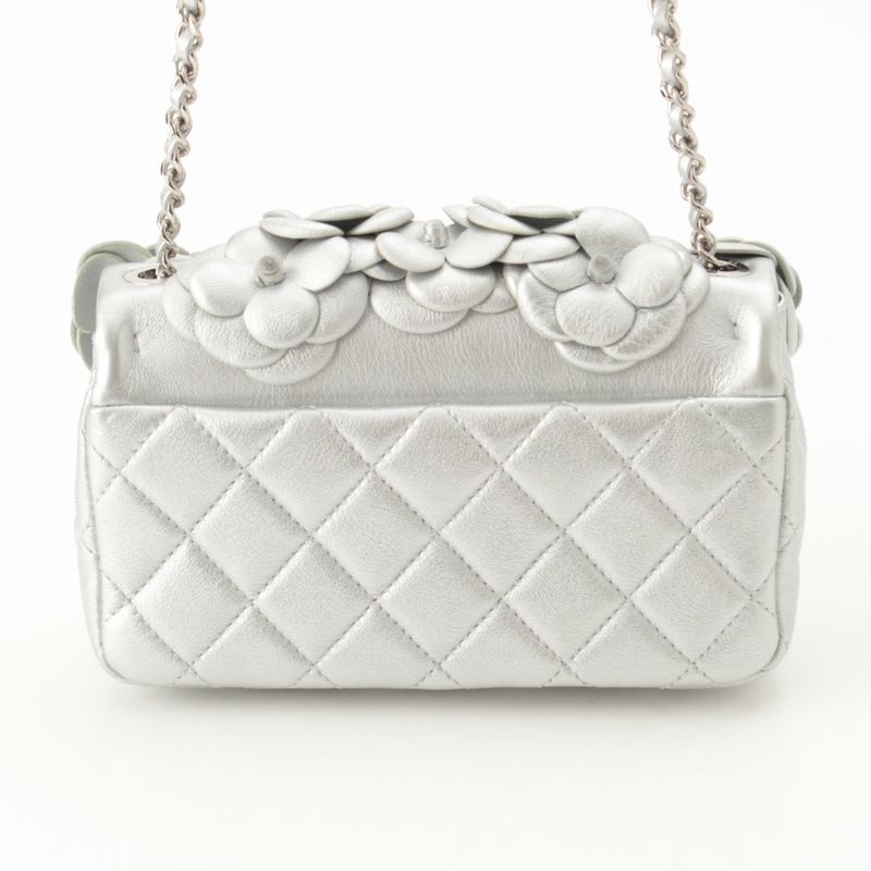Chanel Quilted 20 Camellia Lambskin Chain Shoulder Bag CC Logo Silver