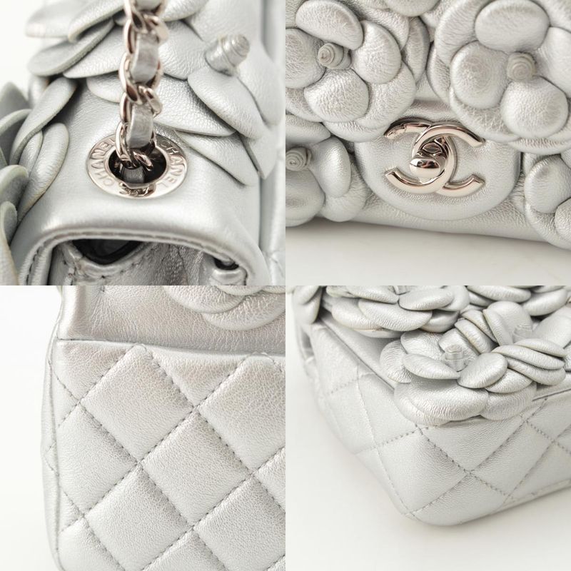 Chanel Quilted 20 Camellia Lambskin Chain Shoulder Bag CC Logo Silver