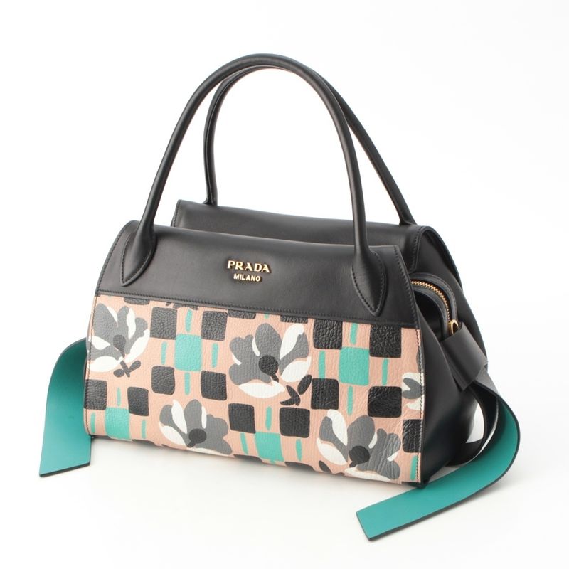 Prada Madras Leather Logo Flower Bow Ring 2-Way Shoulder Handbag Multicolor